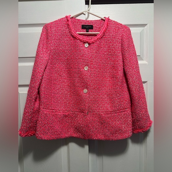 Talbots TWEED PEPLUM JACKET Blazer Hot Pink Sz 14P Fringe - Picture 1 of 4